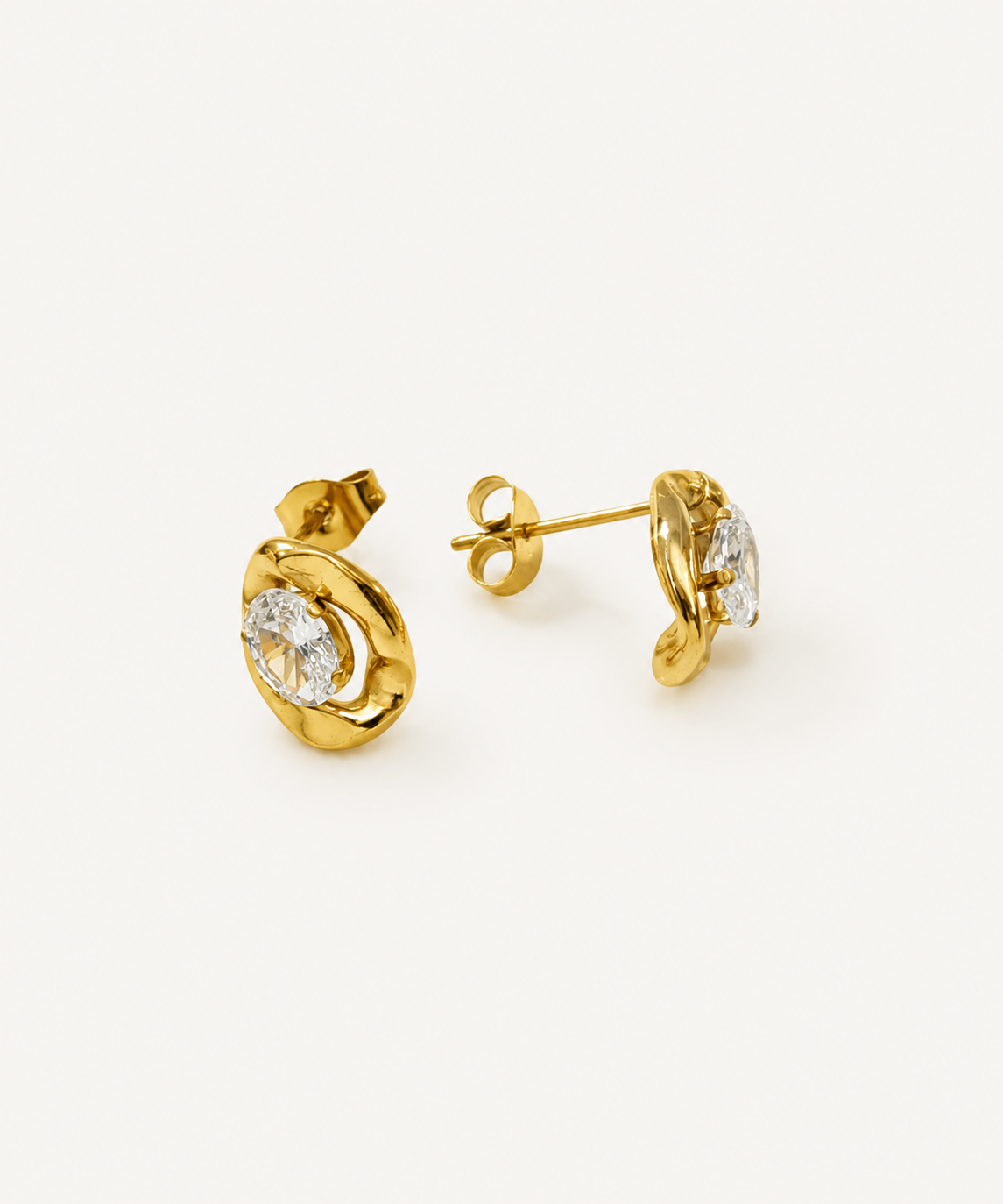 18K gold plated organic stud earrings with Cubic Zirconia for women in a modern sculptural design