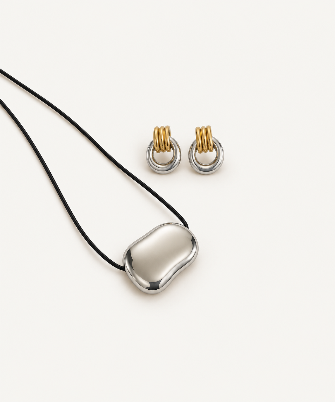 Off Duty silver cord Necklace with Two Tone Earrings